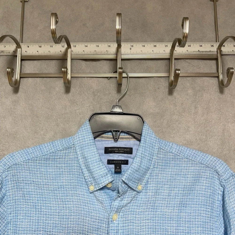 Banana Republic Shirt Men M Blue Check Linen Button Up Camden Hopsack Academia